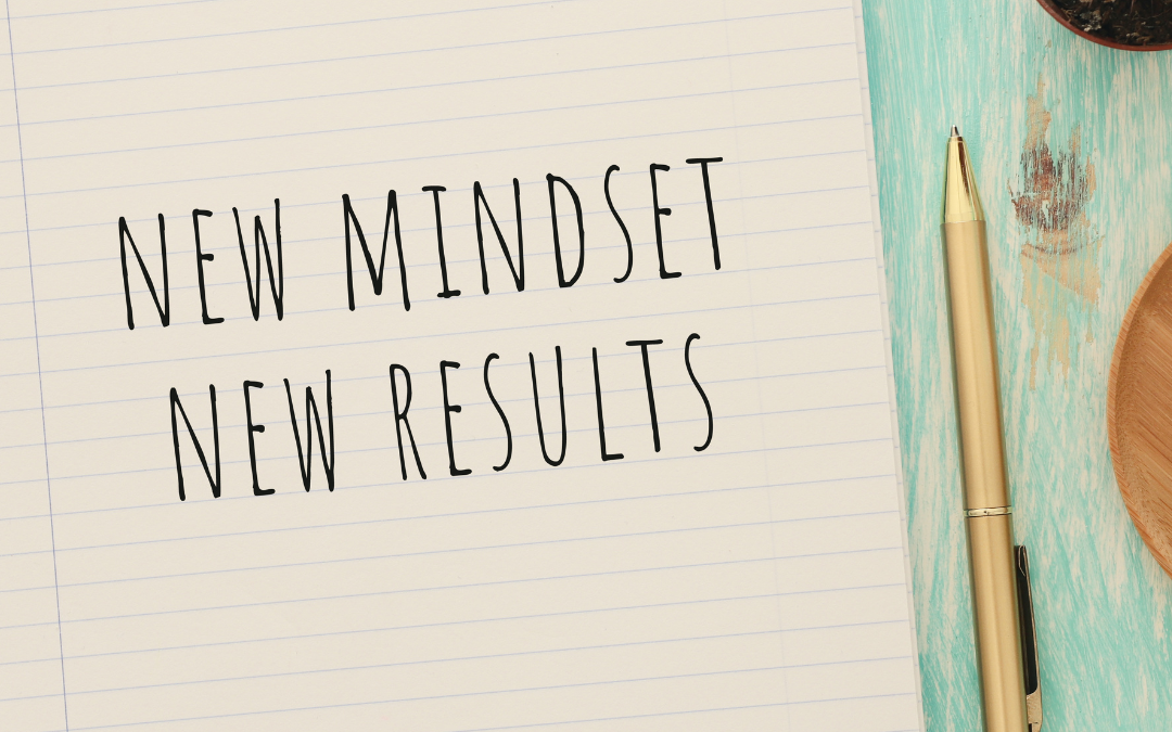 An image of a cream lined notepad and gold pen set on a mint background, the text on the note pad reads 'new mindset, new rules' in large thin font. For blog: 3 biggest mindset shifts